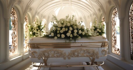 Eternal Rest. The Serene Beauty of a White Casket Before the Final Committal. Generative AI - obrazy, fototapety, plakaty