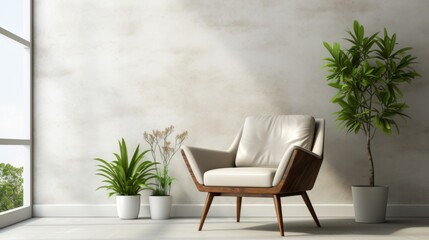 Minimalist interior with armchair on white concrete wall background and empty picture frame mockup