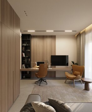 Home office, Modern design. A room with a sofa and a work desk. 3D rendering