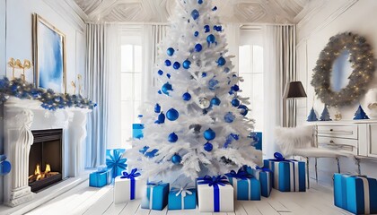 White christmas tree with gifts and blue decorations, winter holidays celebration.