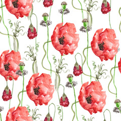seamless ornament with watercolor red poppy