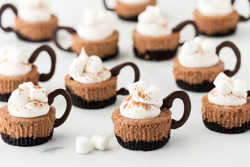 Delicious hot cocoa cheesecake minis with whip cream and marshmallows.