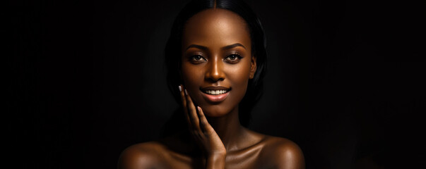 Portrait of african american young woman on black background. beauty, natural skincare glow and calm with facial cosmetics. Wellness profile, dermatology and African person with self care