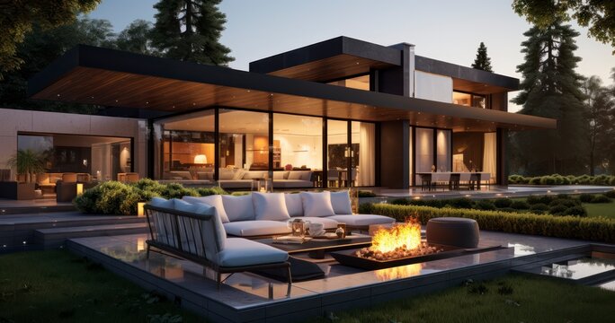 A Chic Dark Villa with Expansive Living Areas and a Cozy Terrace. Generative AI