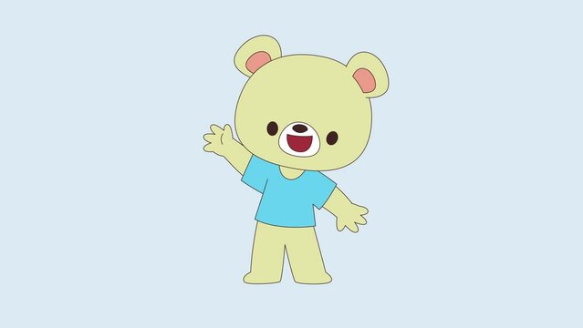 Cute teddy bear 2D animated cartoon character saying hi, waving hand