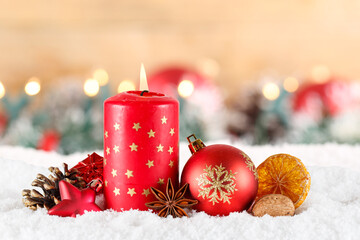Christmas card advent time with burning candle decoration and copyspace copy space