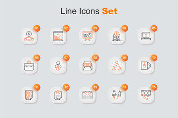 Set line Stacks paper money cash, Push pin, Contract, News, Cup of tea, Employee hierarchy and Envelope icon. Vector