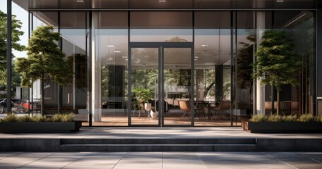 Contemporary Welcome. Sleek Glass Door with Warm Side Illumination. Generative AI
