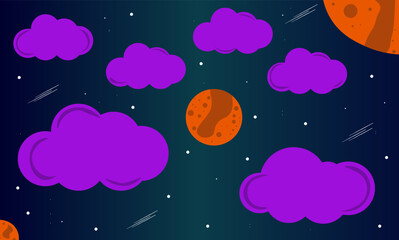 Space and planet background. Planets surface with craters, stars and comets in dark space. Vector illustration. Space sky with planet and satellite