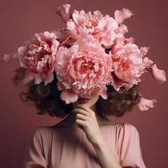 Woman holding flowers in front of here face, pink dress concept art and fashion in spring with pink flowers. 