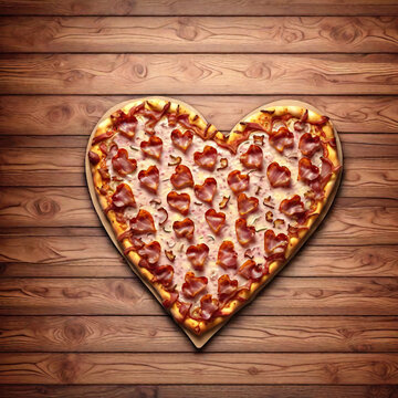 Heart-shaped pizza on wooden table, top view generative ai illustration