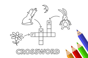 Cute animals crossword. Vector coloring book pages for children education