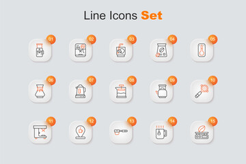 Set line Electronic coffee scales, Cup tea with bag, Coffee filter holder, Location cup, machine, Kettle handle and French press icon. Vector