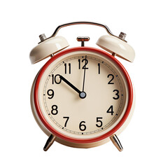 A close-up of a retro-style alarm clock, highlighting its classic design isolated on a transparent background.