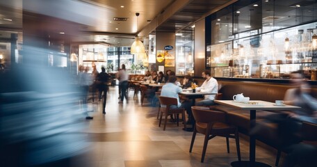 A Hazy Snapshot of Patrons in a Busy Coffee Haven. Blurred restaurant background with some people and chefs and waiters working. Generative AI