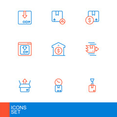 Set line Crane with cardboard box, Cardboard clock, Unboxing, Carton, Online app delivery tracking, Warehouse price, and icon. Vector