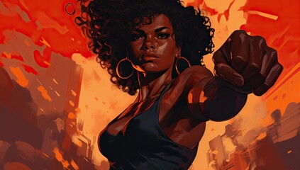 Dark-skinned adult woman with curly hair in a fighting stance against a cityscape background in red tones. Black History Month - obrazy, fototapety, plakaty