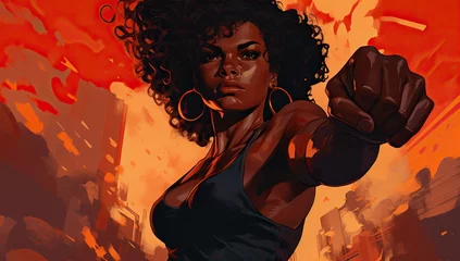 Foto op Plexiglas Dark-skinned adult woman with curly hair in a fighting stance against a cityscape background in red tones. Black History Month © volga