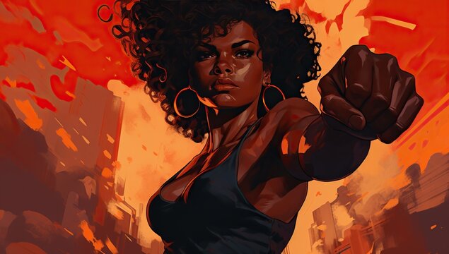 Dark-skinned adult woman with curly hair in a fighting stance against a cityscape background in red tones. Black History Month