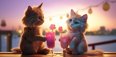 Two cartoon cats sitting in front of cocktails against a sunset sky, resembling a scene of a romantic date. Valentine's Day concept