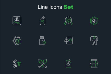 Set line Wooden barrel with honey, Jar of and dipper stick, Honey, Bees, Beekeeper costume, location, and Sale honeycomb icon. Vector