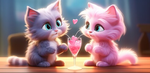 Two adorable animated kittens, one gray and the other pink, share a cocktail with pink hearts, symbolizing romance, against a backdrop of warm evening lighting. Valentine's Day concept - obrazy, fototapety, plakaty