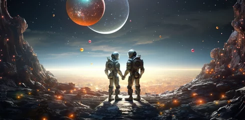 Poster Two astronauts in modern spacesuits standing hand in hand on an alien landscape with a view of mountainous formations and large planets against a starry sky. Valentine's Day concept © volga