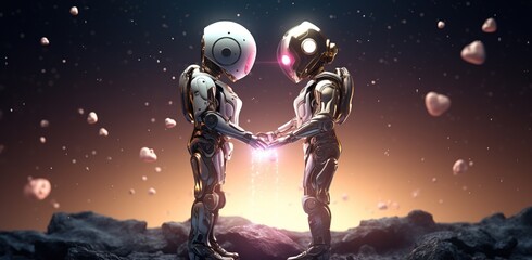 Two robots, styled as male and female, holding hands against a cosmic landscape, with a core of glowing energy between them. Valentine's Day concept