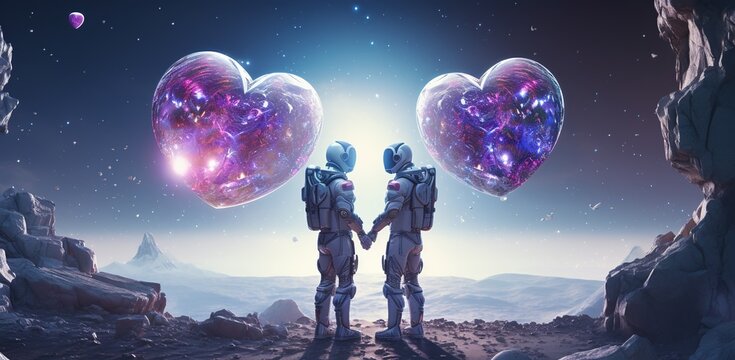 Futuristic landscape with android robots touching hands, with heart-shaped balloons against a sunset sky on an unknown planet. Valentine's Day concept