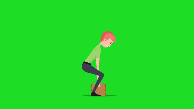 Man lifting a cardboard box step by step delivery animated loop with green screen background