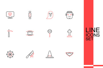 Set line Flying bat, Witch hat, Bloody knife, Spider web, Tombstone with cross, Lollipop, Vampire teeth and Scythe icon. Vector