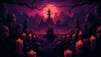 AI generated illustration of a row of lit candles among a number of skulls in a dark setting