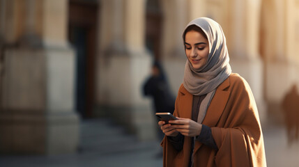 A young Muslim woman holds a smartphone in her hands on the street. - obrazy, fototapety, plakaty