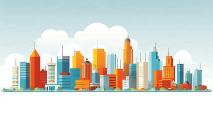 Skyline of a big city filled with skyscrapers. 2D flat image illustration of buildings in various colors.