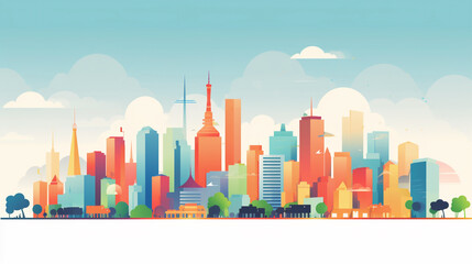 Skyline of a big city filled with skyscrapers. 2D flat image illustration of buildings in various colors. - obrazy, fototapety, plakaty