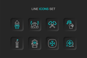 Set line Crusade, Medieval throne, Castle tower, helmet, Crossed battle hammers, Viking in horned and icon. Vector