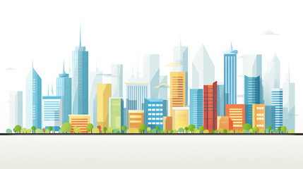 Skyline of a big city filled with skyscrapers. 2D flat image illustration of buildings in various colors.