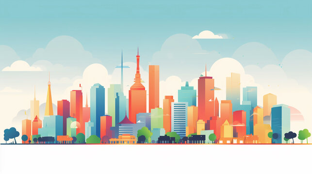 Skyline of a big city filled with skyscrapers. 2D flat image illustration of buildings in various colors.