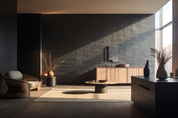 Interior room composition with grey wall panels and minimal decoration