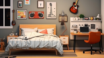 Modern teenager room interior with comfortable bed and beautiful. generative ai