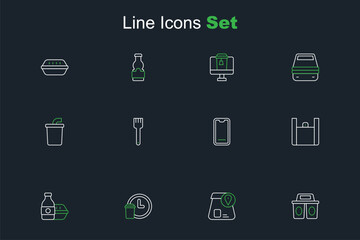 Set line Coffee cup to go, Online ordering food, Round the clock delivery, Food on mobile, Fork and Paper glass with water icon. Vector