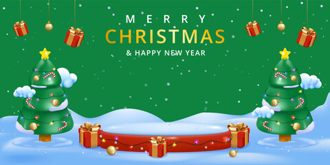Merry Christmas and happy new year promotion banner With Product Podium. Xmas Decorations on green background.