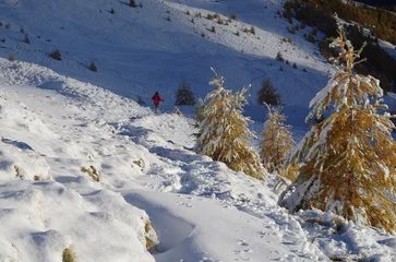 Foto op Aluminium Girl hiking in french alps, beautiful snowy scenery, mountains peak, snow, sport extreem © Tania
