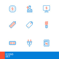 Set line Electrical panel, plug, outlet, LED light bulb, extension, Battery charge, Smart Tv and Electrician icon. Vector