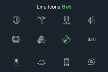 Set line Wooden beer mug, Beer can, Oktoberfest hat, Wheat, Pretzel, Dried fish, barrel and on rack icon. Vector