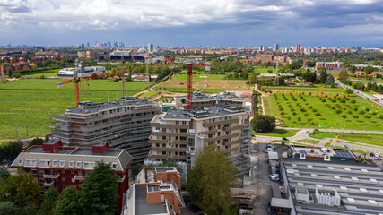 Aerial view of residential buildings in a residential area of Vimodrone, in the metropolitan city of Milan, Italy.