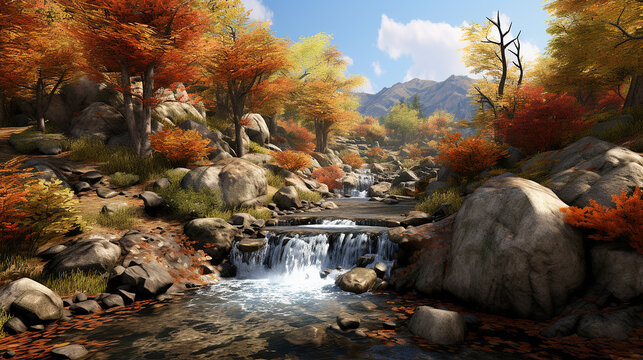 perfect autumn and waterfall landscape with oil painting effect 
