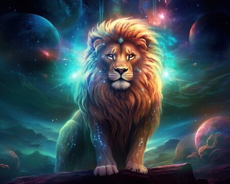 Lion Cosmic poet crafting verses about the mysteries of the universe