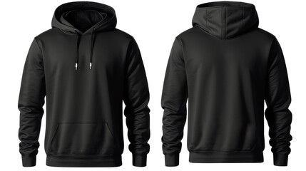 Black Hoodie. Set of Black front and back view tee hoodie hoody sweatshirt on white background cutout. Mockup template - obrazy, fototapety, plakaty
