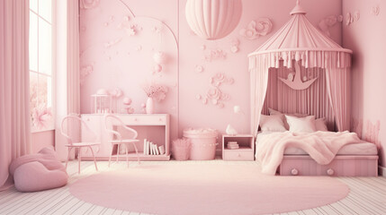 Fototapeta na wymiar Monochromatic girls room in pastel pink colors. Pink little princess room. generative ai